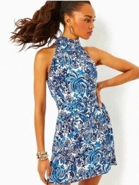 Lilly Pulitzer Wyota Skirted Romper Low Tide Navy Blue Pandarama Size XL NWT